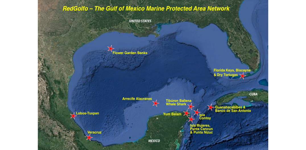 A map of the gulf of mexico protected area network with Gulf of Mexico in the backgroundDescription automatically generated